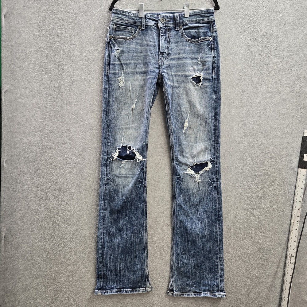 BKE Men Jeans 30X34 Blue Denim Back Pockets Embroidery Aden Distressed